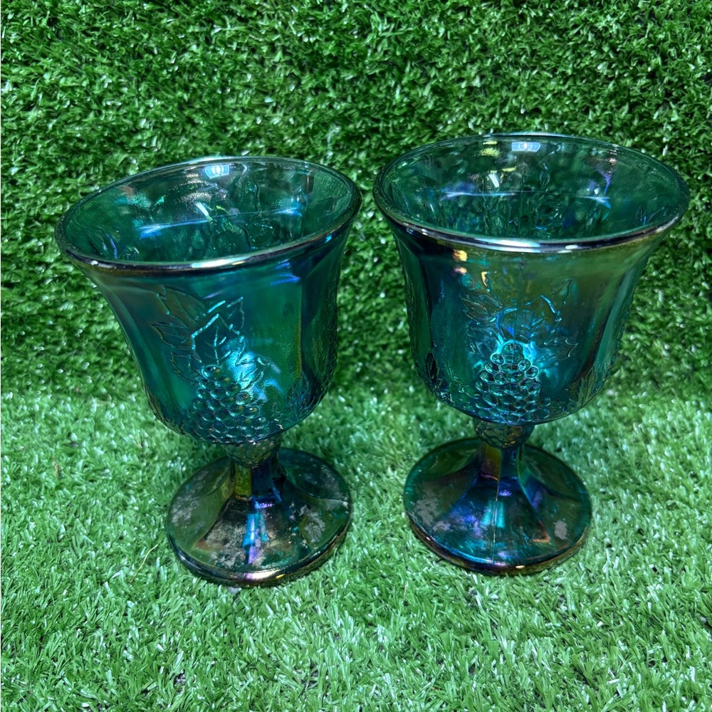 Vintage, Indiana  Blue Carnival Glass Goblet, Harvest Grape Pattern